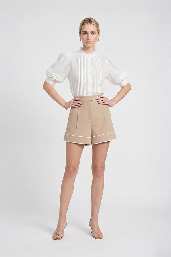 Olivia Ruffled High - Neck Pleated Short - Sleeve Blouse - Reina Diaz