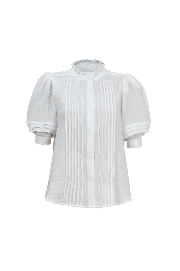 Olivia Ruffled High - Neck Pleated Short - Sleeve Blouse - Reina Diaz