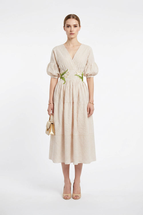 Orquídea Lace V - Neck Gown with Tie - Waist - Reina Diaz