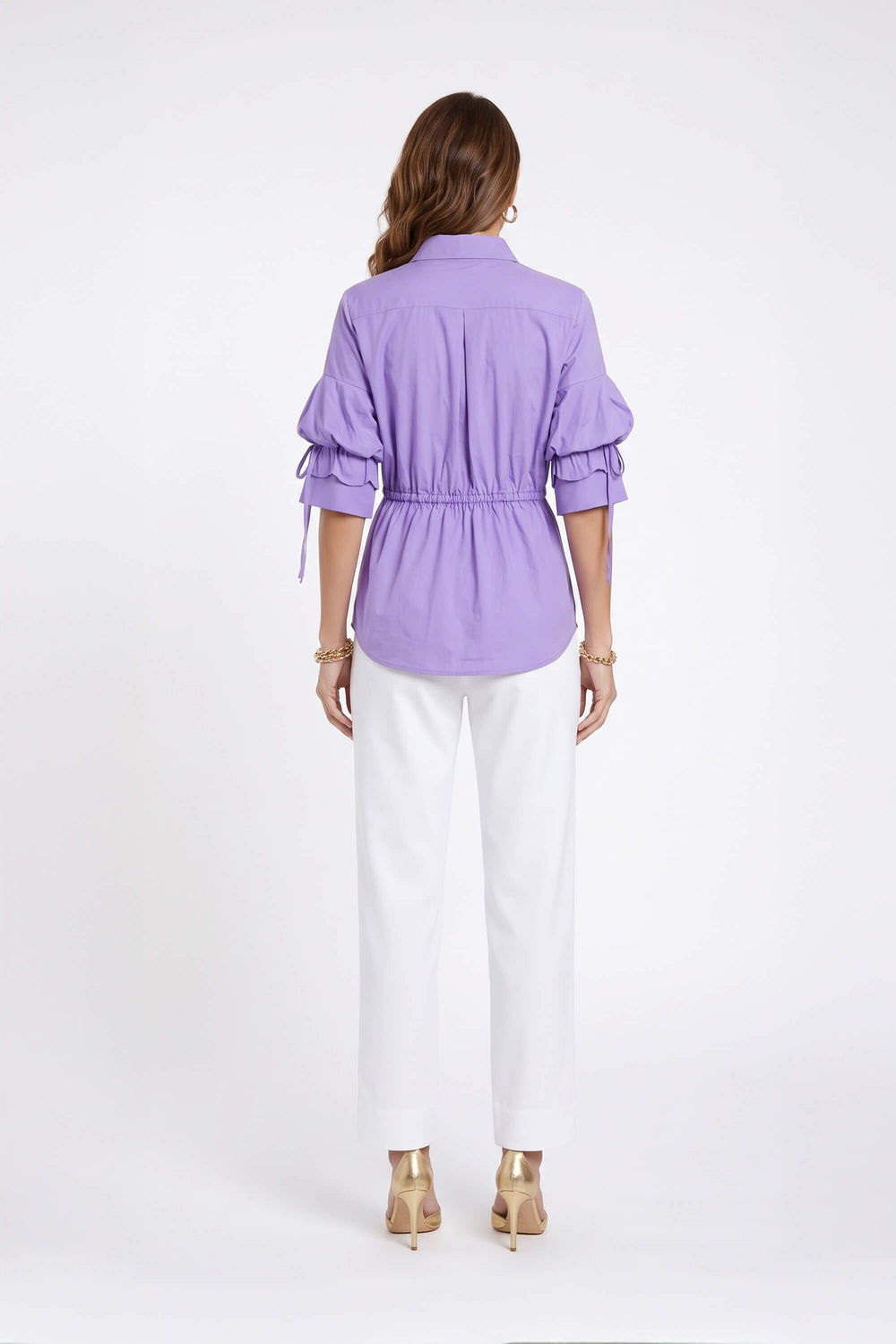Paulina Drawstring Ruffled Sleeve Blusa 752973 LIL - Reina Diaz