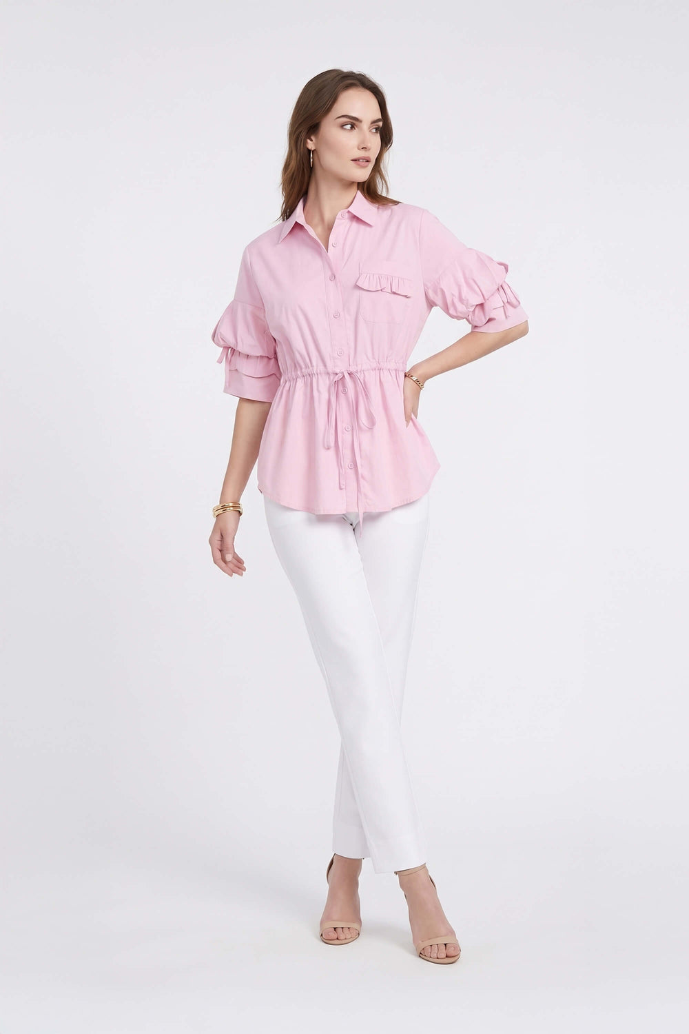 Paulina Drawstring Ruffled Sleeve Blusa 752973 ROS - Reina Diaz