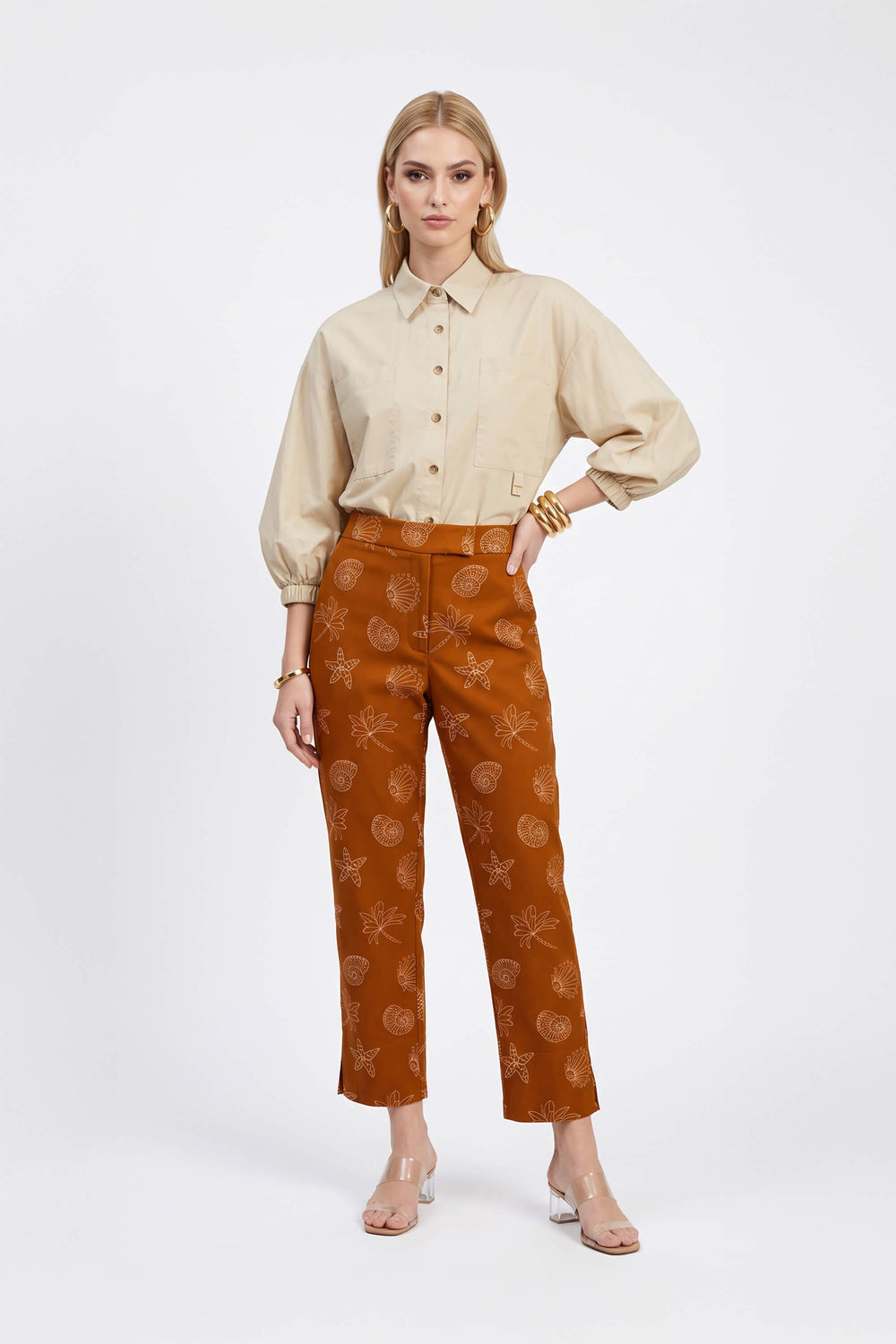 Paulina Marine Print High-Waist Pantalón 731174 CAM - Reina Diaz