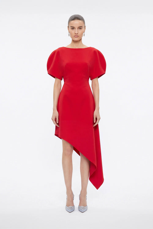 Renata Asymmetric Puff-Sleeve Vestido 526289 ROJ - Reina Diaz