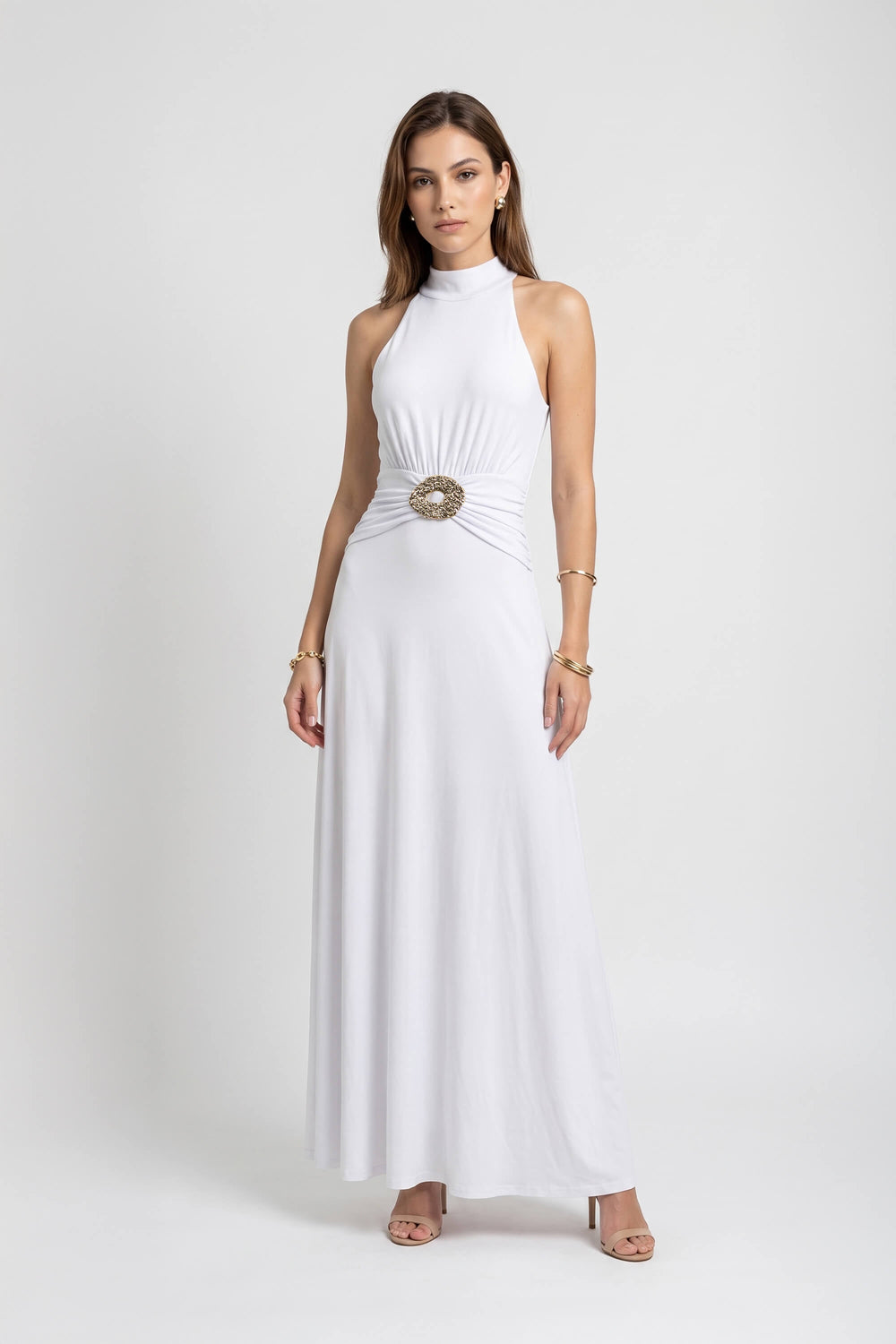 Renata Buckled High-Neck Maxi Vestido 723118 BCO - Reina Diaz