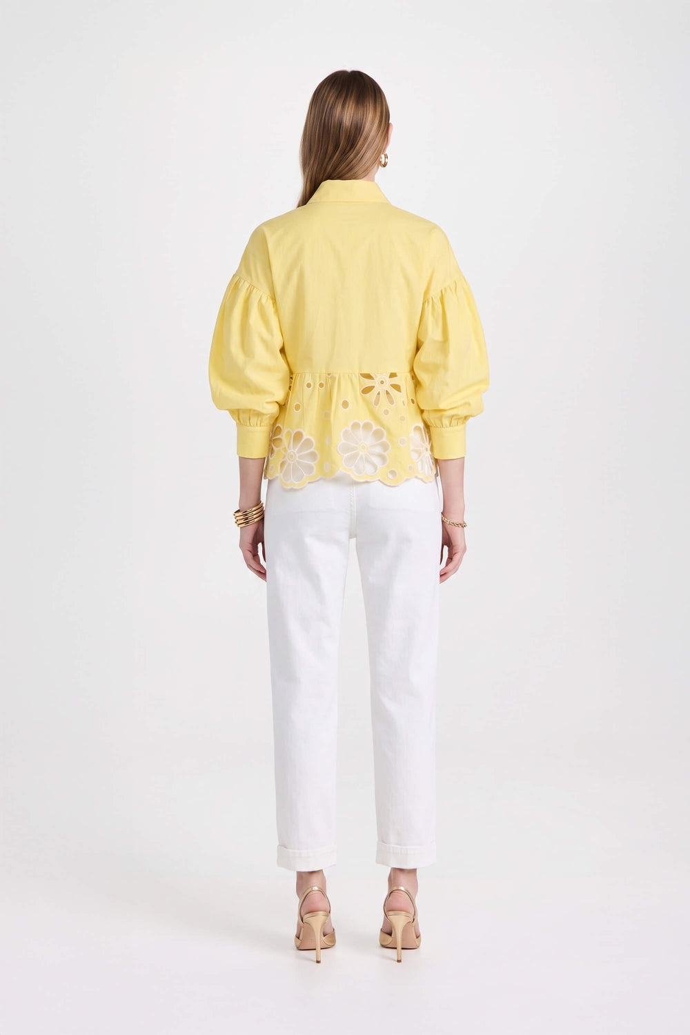 Romina Eyelet Peplum Puff-Sleeve Blusa 753035 AMA - Reina Diaz