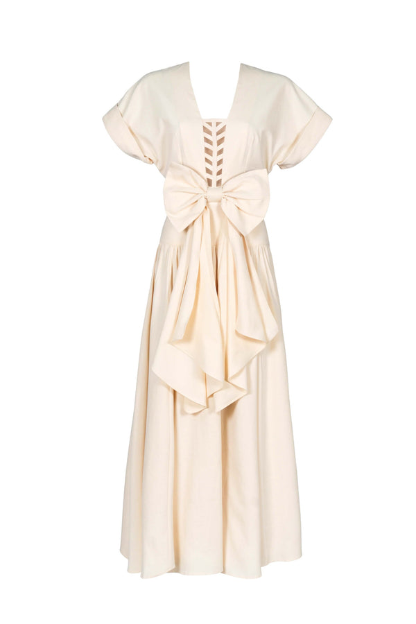 Romina Front-Bow Cutout Midi Vestido 526320 CRE - Reina Diaz