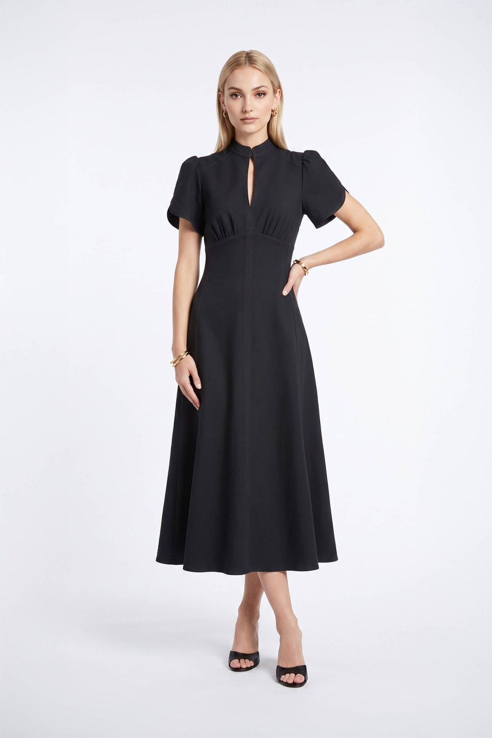 Romina High-Neck Keyhole Midi Vestido 526305 NEG - Reina Diaz