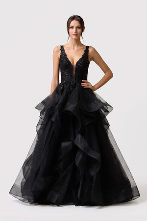 Silvia Ruffle Cascade Maxi Vestido 421462 NEG - Reina Diaz
