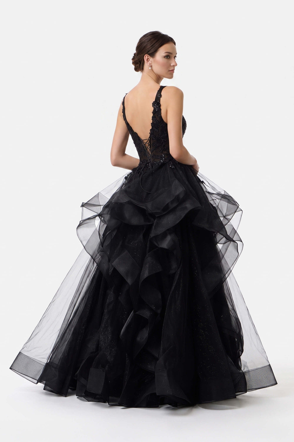 Silvia Ruffle Cascade Maxi Vestido 421462 NEG - Reina Diaz
