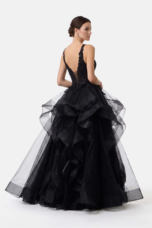 Silvia Ruffle Cascade Maxi Vestido 421462 NEG - Reina Diaz