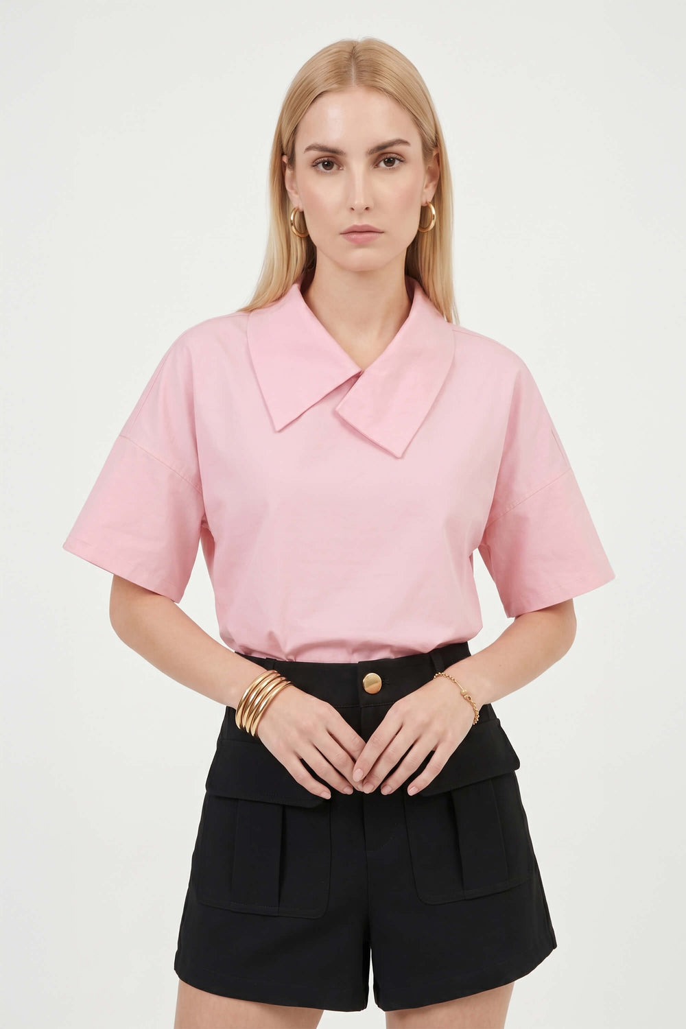 Sofia Collar-Detail Short-Sleeve Blusa 752969ROS - Reina Diaz