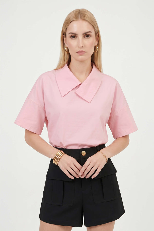 Sofia Collar-Detail Short-Sleeve Blusa 752969ROS - Reina Diaz