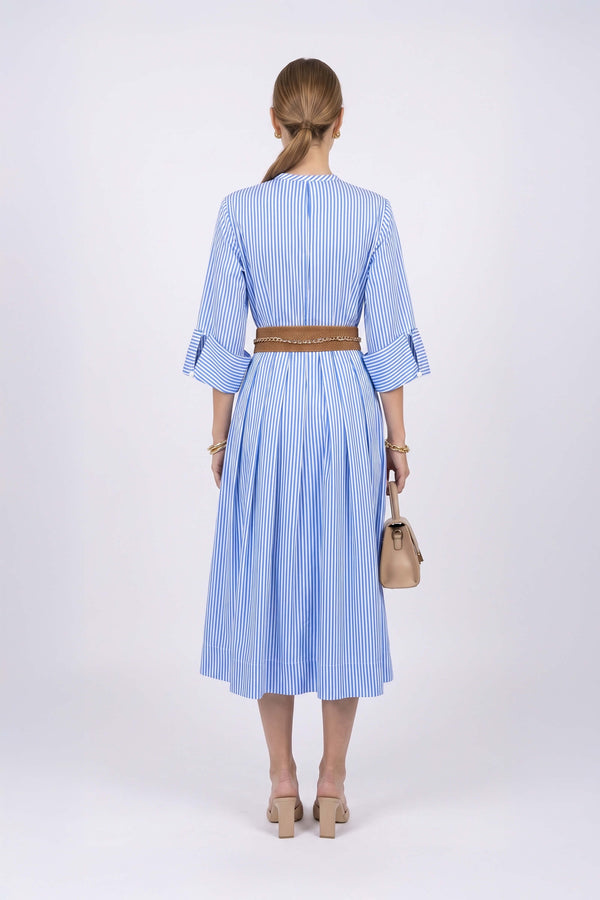 Victoria Belted Striped Midi Vestido 723113 AZU - Reina Diaz