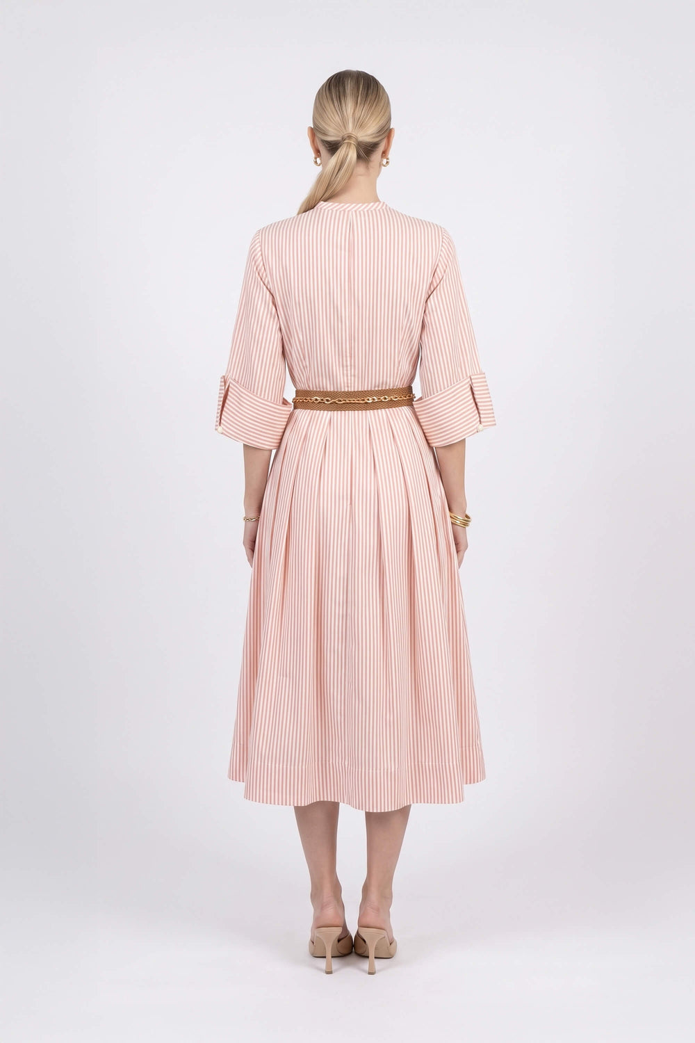 Victoria Belted Striped Midi Vestido 723113 BEI - Reina Diaz