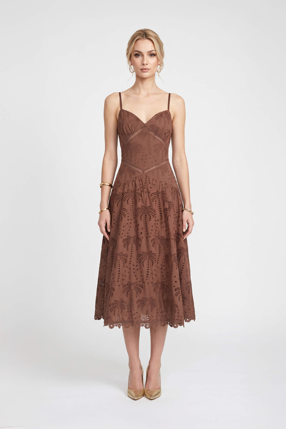 Victoria Eyelet Cutout Lace-Up Midi Vestido 723087 CAF - Reina Diaz