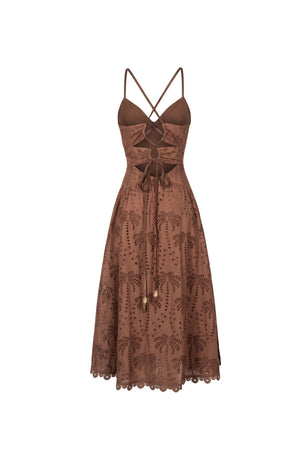 Victoria Eyelet Cutout Lace-Up Midi Vestido 723087 CAF - Reina Diaz