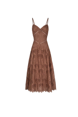 Victoria Eyelet Cutout Lace-Up Midi Vestido 723087 CAF - Reina Diaz