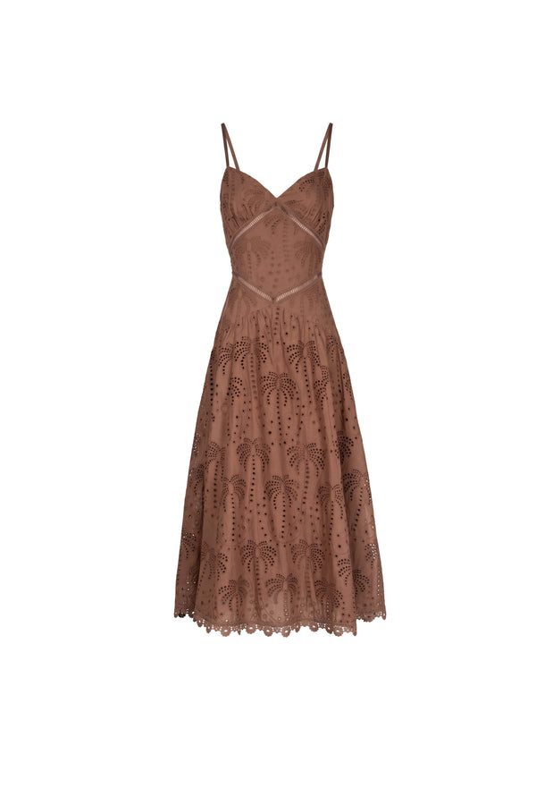 Victoria Eyelet Cutout Lace-Up Midi Vestido 723087 CAF - Reina Diaz