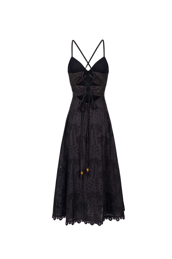 Victoria Eyelet Cutout Lace-Up Midi Vestido 723087 NEG - Reina Diaz