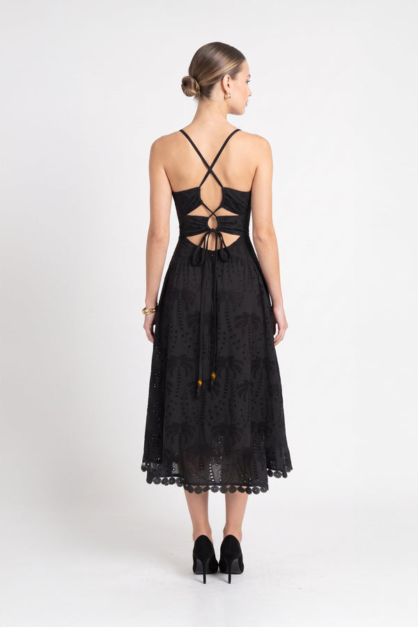 Victoria Eyelet Cutout Lace-Up Midi Vestido 723087 NEG - Reina Diaz