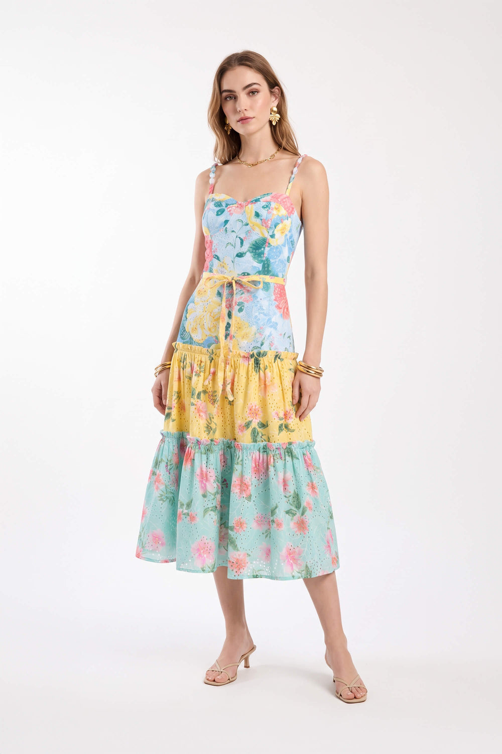 Victoria Tiered Floral Eyelet Midi Vestido 723122 MUL - Reina Diaz
