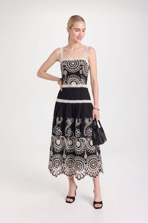 Viviana Embroidered-Cutout Cami Midi Vestido 526200NEG - Reina Diaz