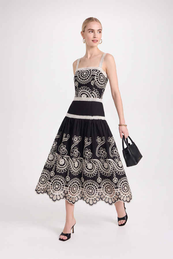 Viviana Embroidered-Cutout Cami Midi Vestido 526200NEG - Reina Diaz