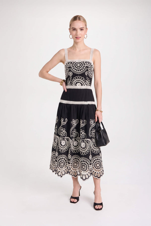 Viviana Embroidered-Cutout Cami Midi Vestido 526200NEG - Reina Diaz