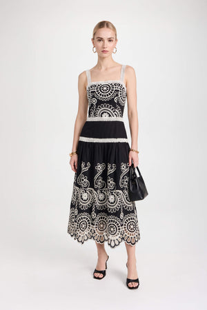 Viviana Embroidered-Cutout Cami Midi Vestido 526200NEG - Reina Diaz